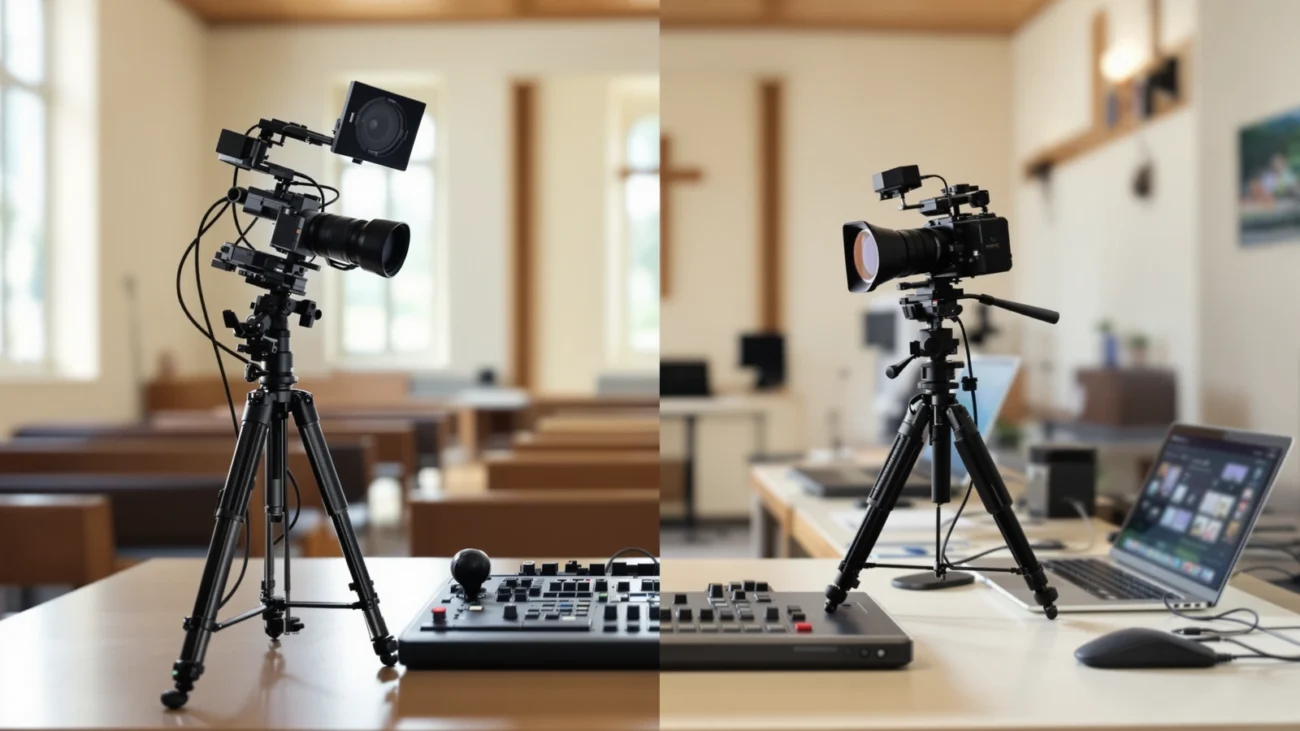 Church livestream gear photo for One-camera PTZ kit vs. a camcorder in the back of the room.