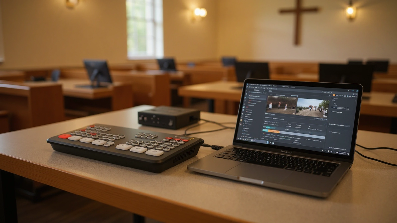Church livestream gear photo for ATEM Mini Pro vs. software switching for church livestreams.