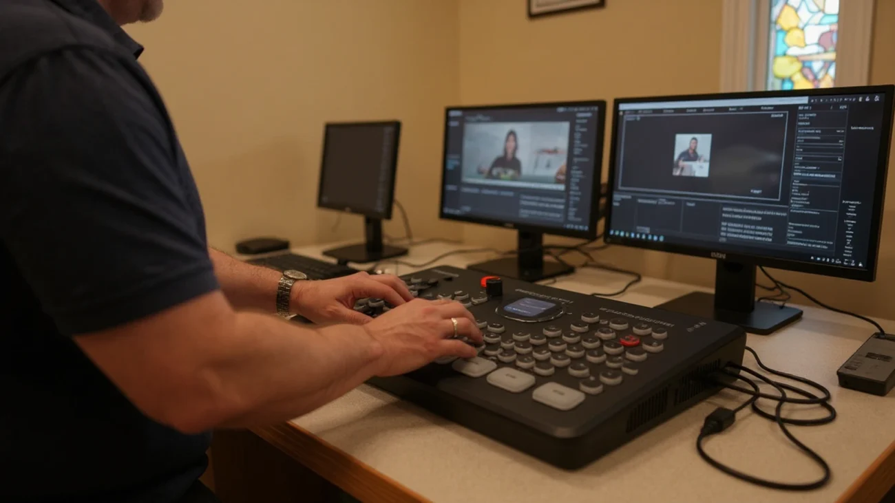 Church livestream gear photo for Best ATEM Mini Pro workflow for Sunday volunteers.