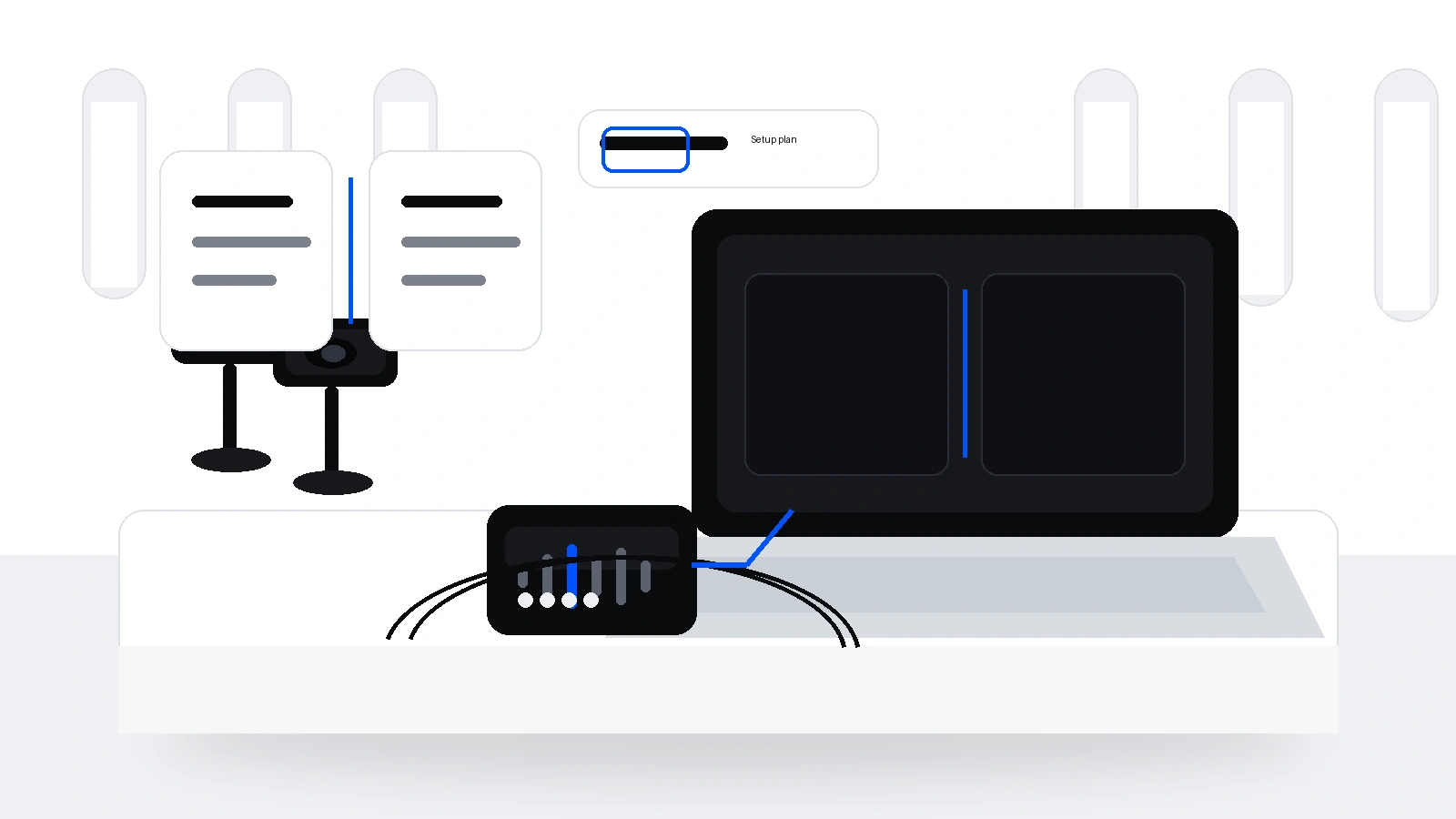 Church livestream setup illustration for 5-port vs. 8-port PoE switch for church PTZ camera kits.
